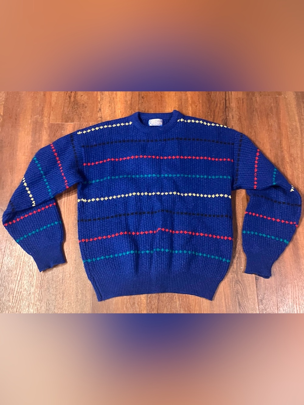 Vintage Pendleton 100% Wool Sweater Blue Striped Knit Made in USA Mens XL 70s